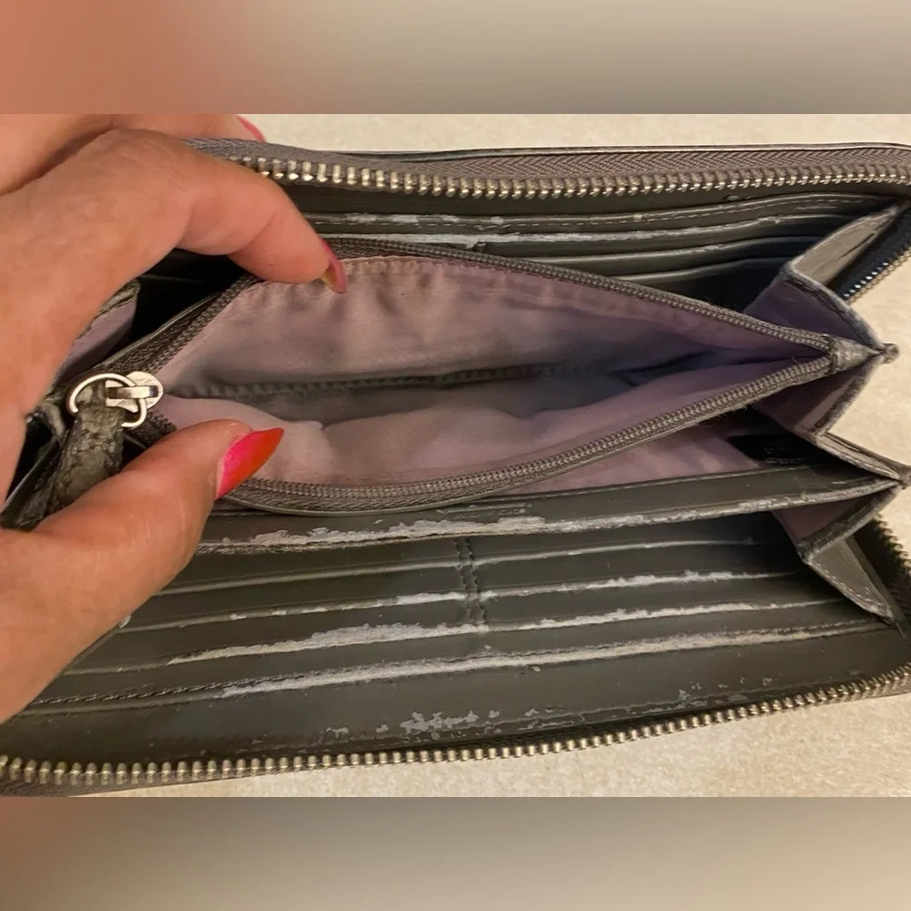 COACH Blue/Grey Long Zip Around Wallet w/Sliver Link Chain Detailing, GUC